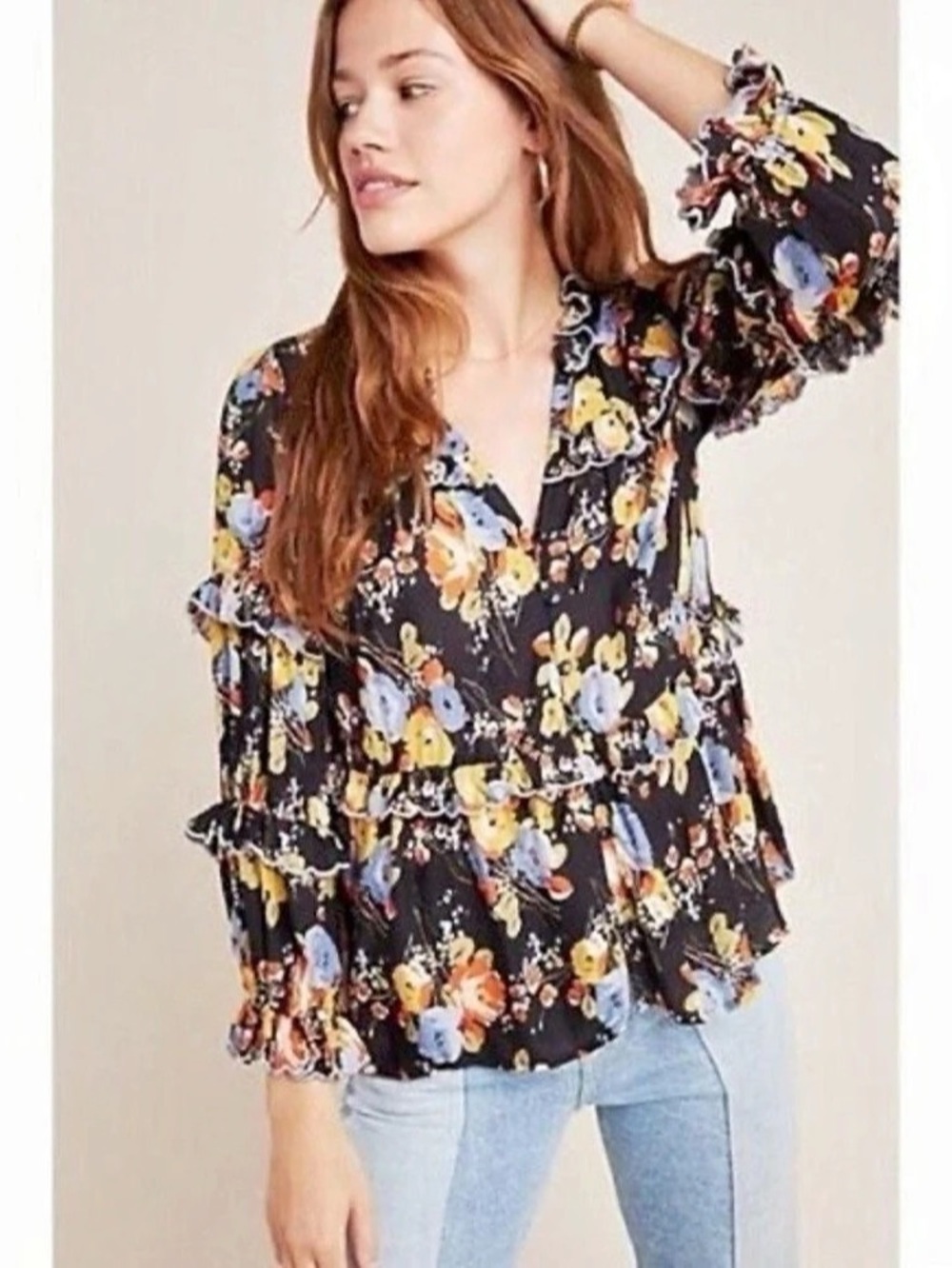 Anthropologie Maeve XS Black Floral Myra Tiered Blouse